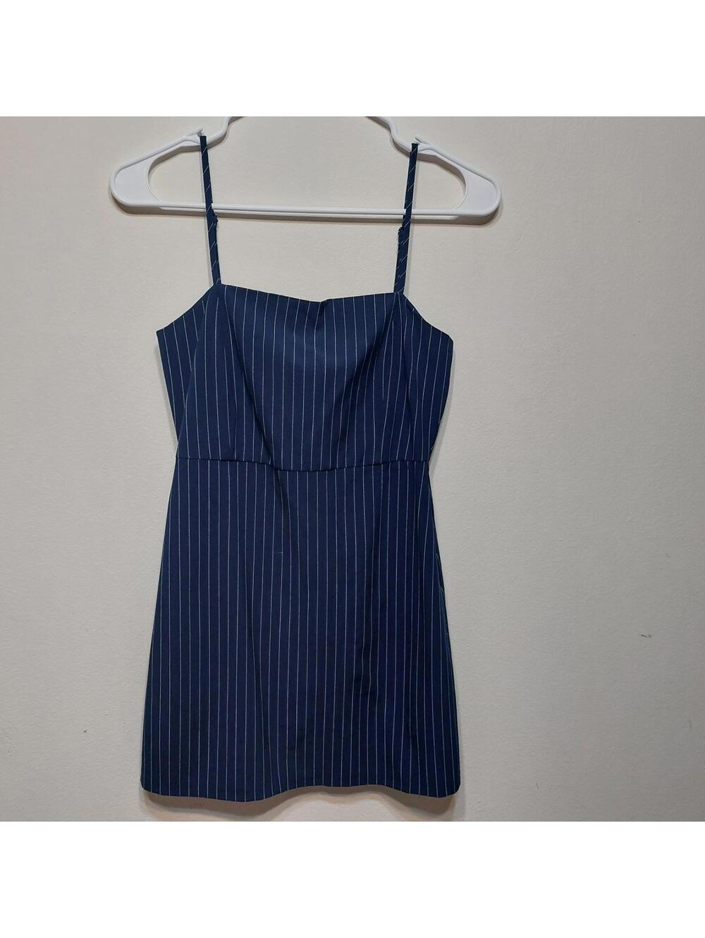Pull & Bear Womens Pinstripe Dress Size S Blue Navy Adjustable Stripes Short